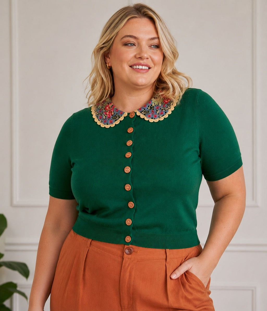 Banned Plus Size Green Polly Floral Collar Cardigan – Unique Vintage