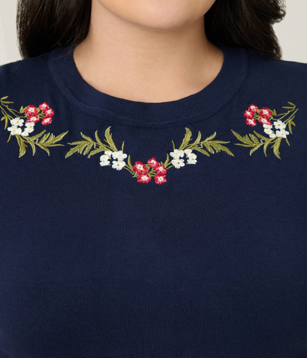 Banned Plus Size Navy Romantic Floral Carla Sweater - Unique Vintage - Womens, TOPS, SWEATERS