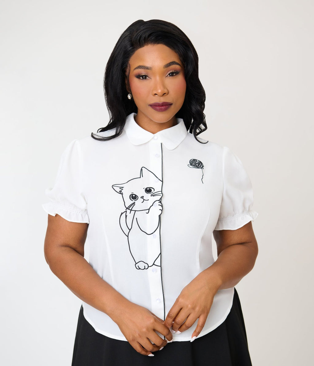 Banned Plus Size White & Black Cat Sophie Blouse - Unique Vintage - Womens, TOPS, SHIRTS