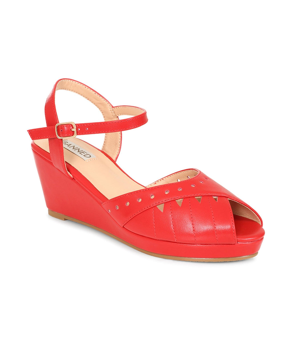 Banned Red Leatherette Sunny Daze Wedges - Unique Vintage - Womens, SHOES, HEELS
