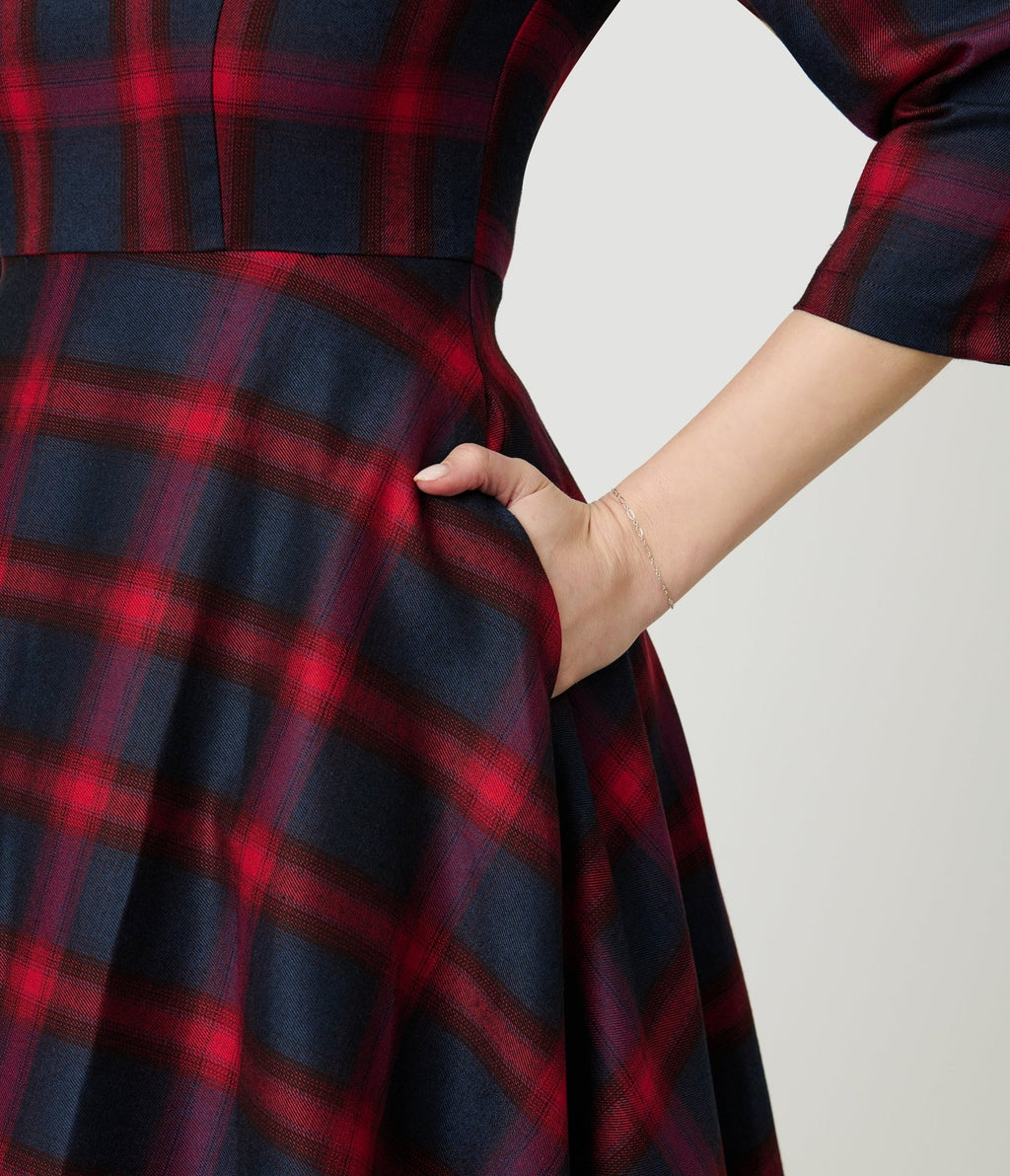 Banned Red & Navy Windowpane Plaid Swing Dress - Unique Vintage - Womens, DRESSES, SWING