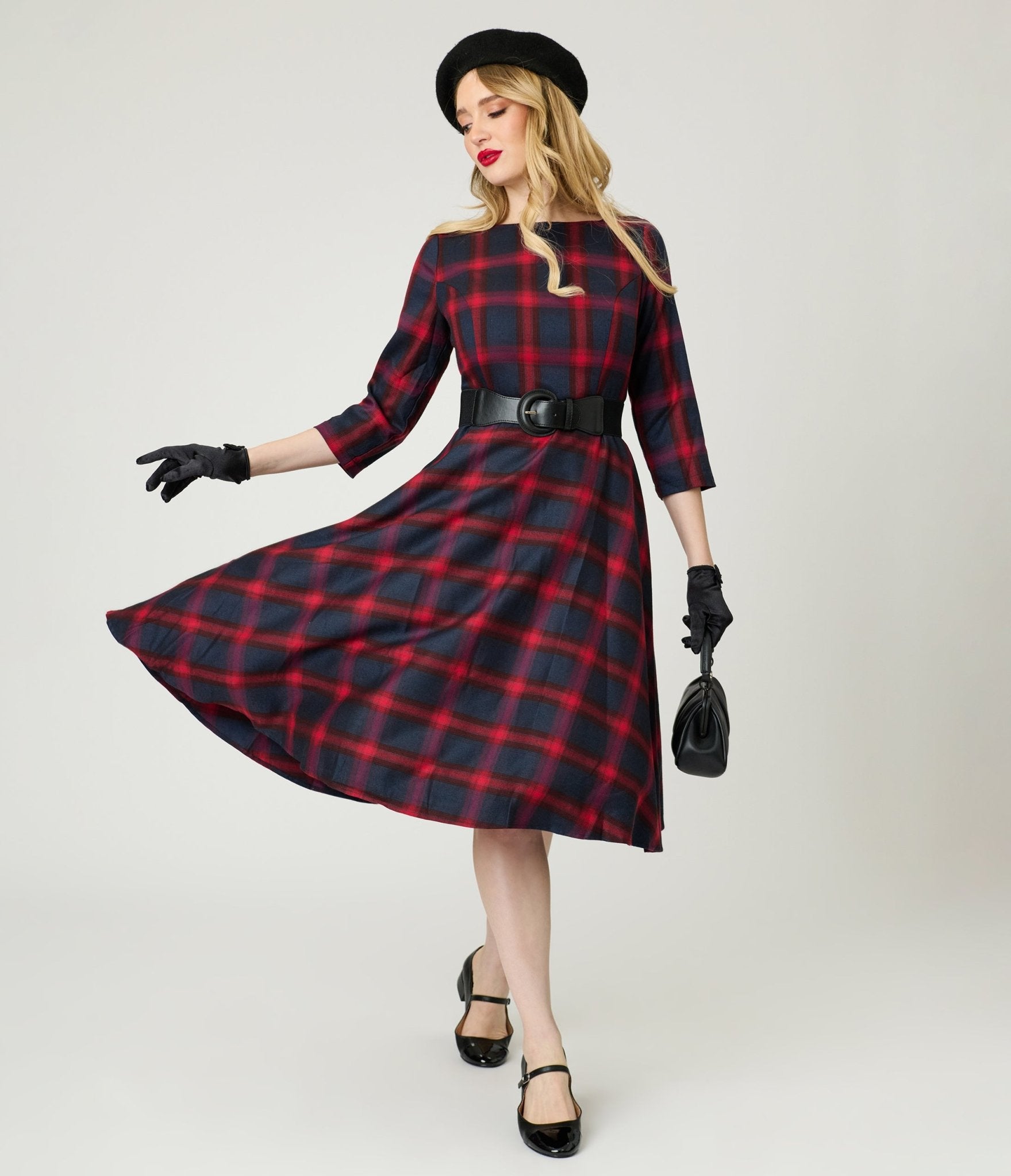 Banned Red & Navy Windowpane Plaid Swing Dress - Unique Vintage - Womens, DRESSES, SWING