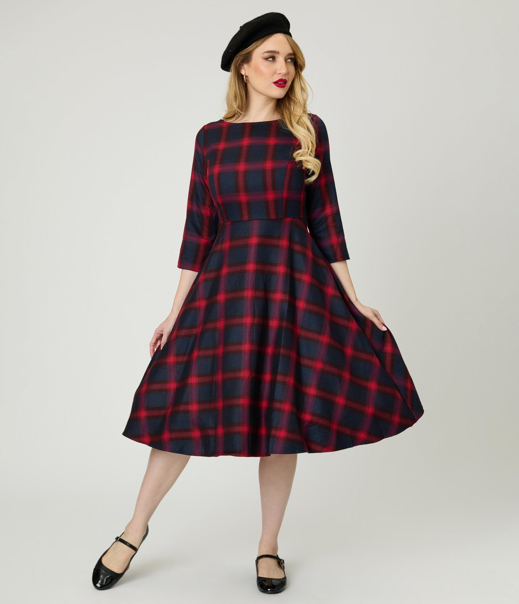 Banned Red & Navy Windowpane Plaid Swing Dress - Unique Vintage - Womens, DRESSES, SWING