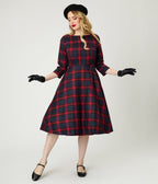 Banned Red & Navy Windowpane Plaid Swing Dress - Unique Vintage - Womens, DRESSES, SWING