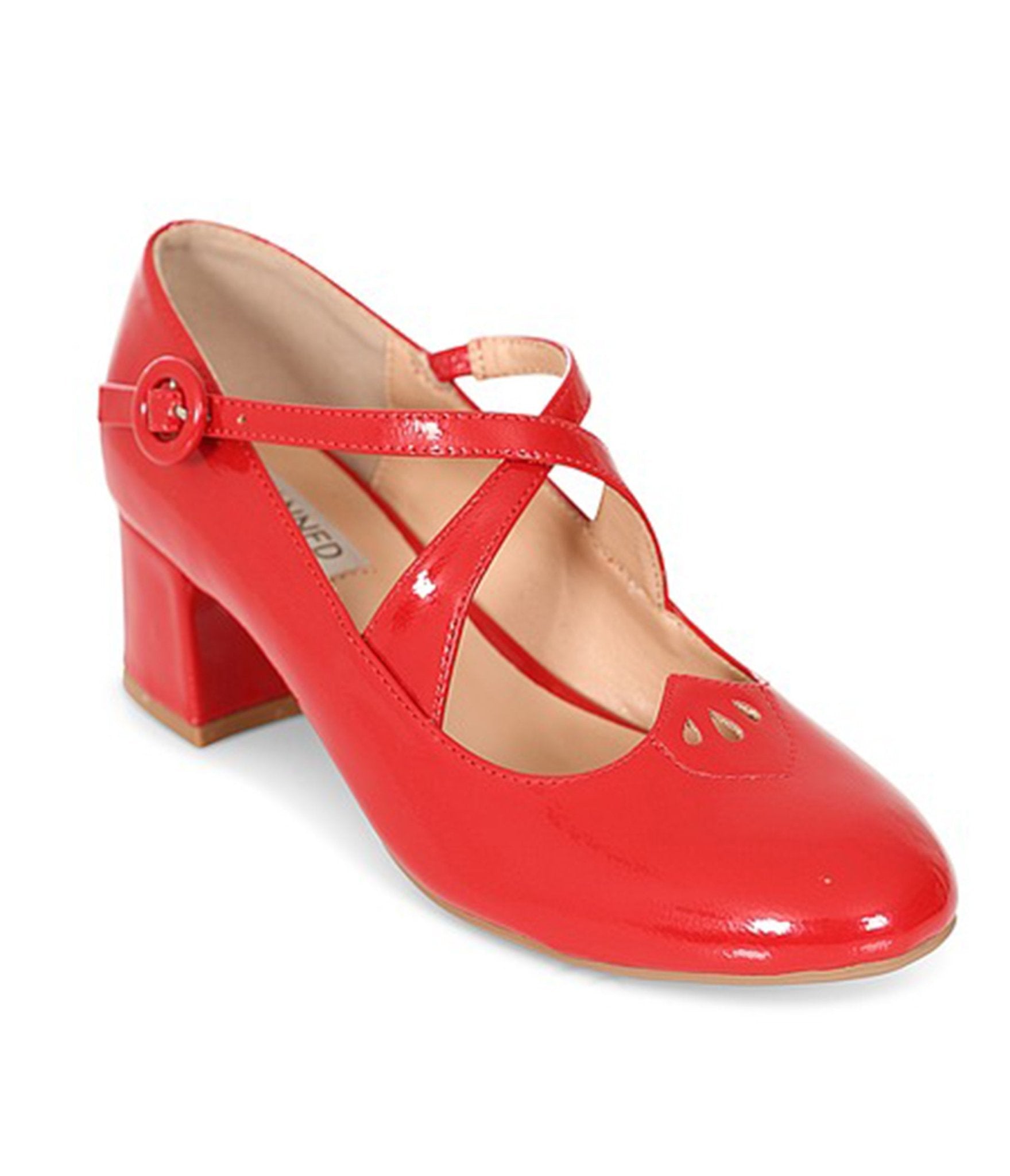 Banned Red Patent Leatherette Cross Strap Heels - Unique Vintage - Womens, SHOES, HEELS
