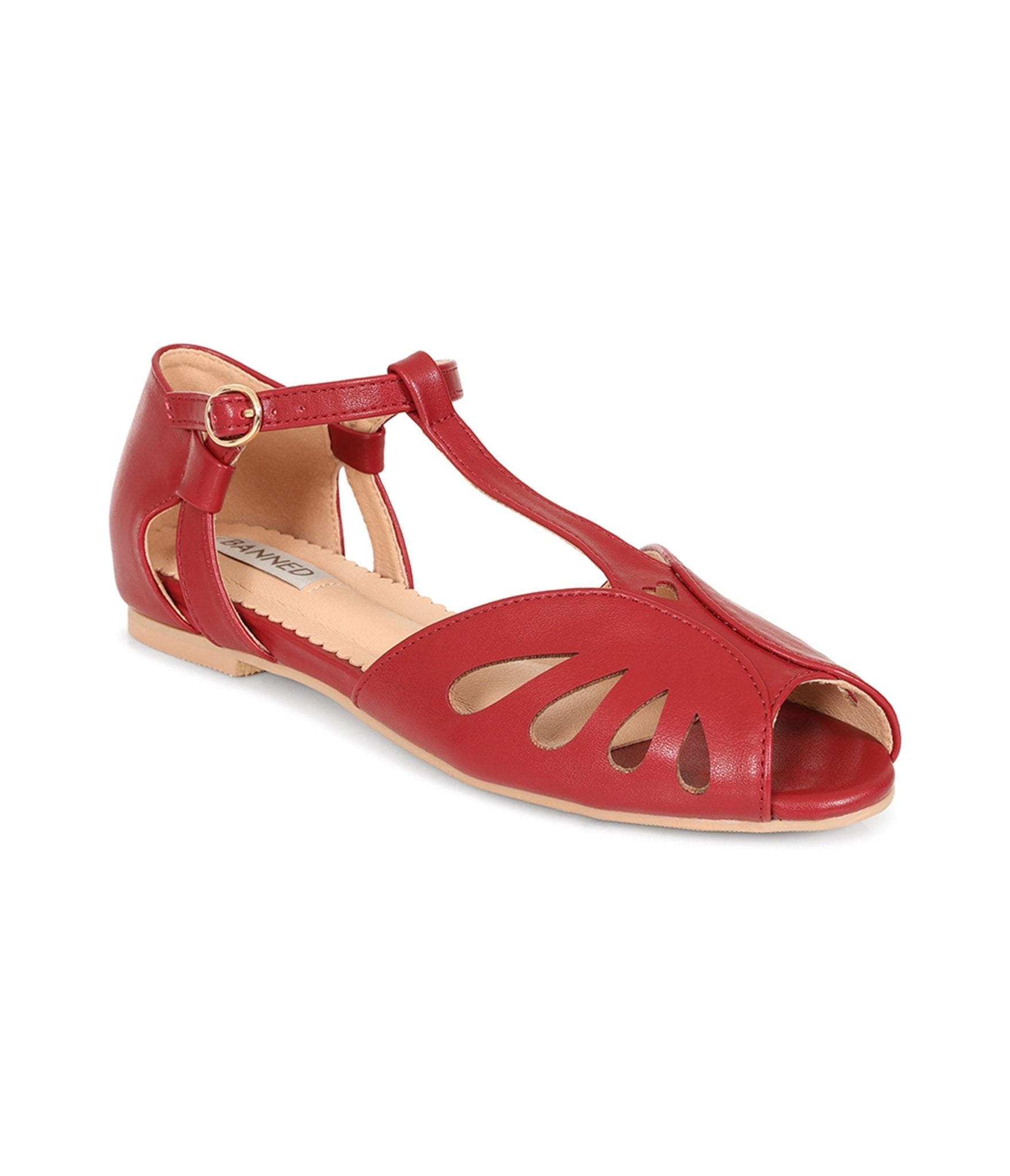 Banned Red Secret Love T - Strap Leatherette Flats - Unique Vintage - Womens, SHOES, FLATS