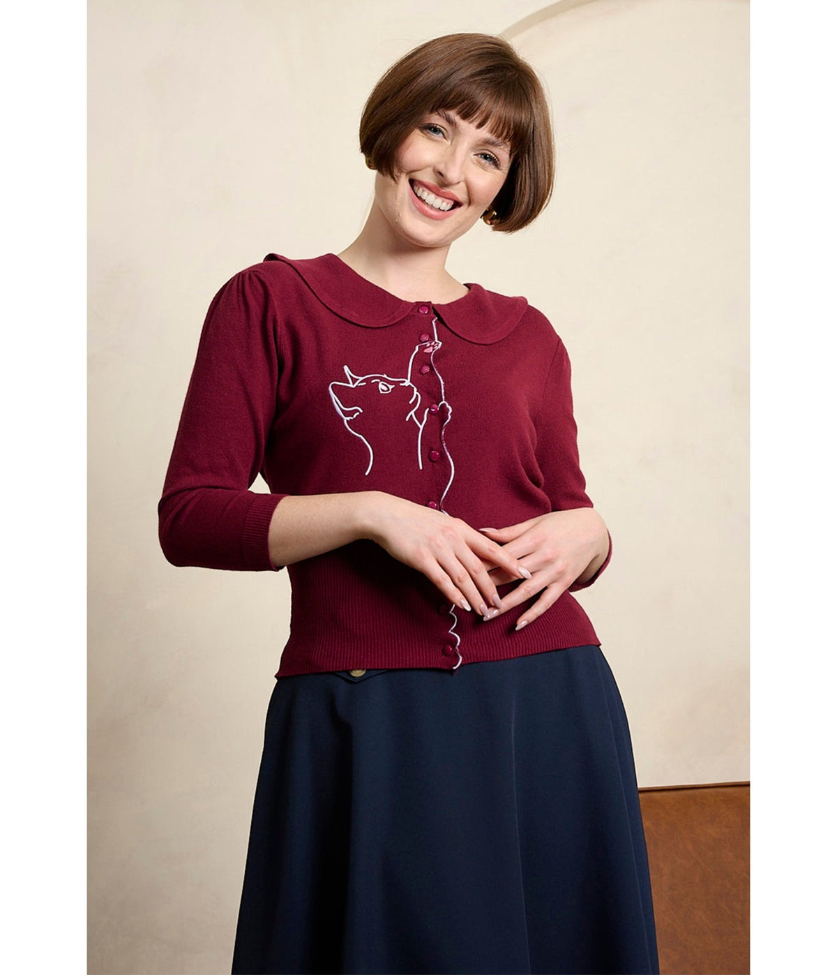 Banned Retro Burgundy Cat Embroidered Cardigan - Unique Vintage - Cardigans