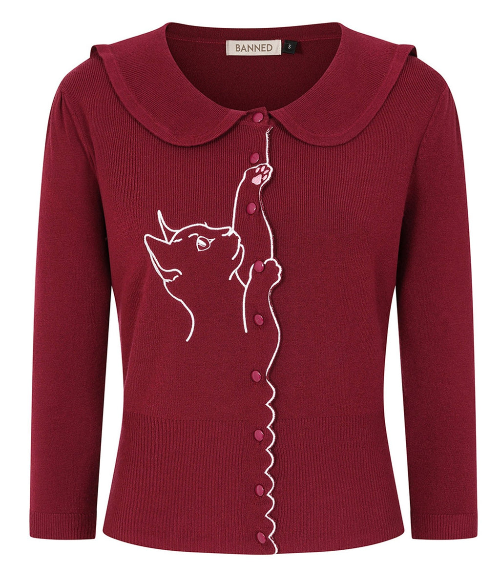 Banned Retro Burgundy Cat Embroidered Cardigan - Unique Vintage - Cardigans
