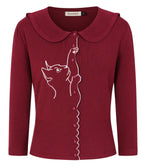 Banned Retro Burgundy Cat Embroidered Cardigan - Unique Vintage - Cardigans