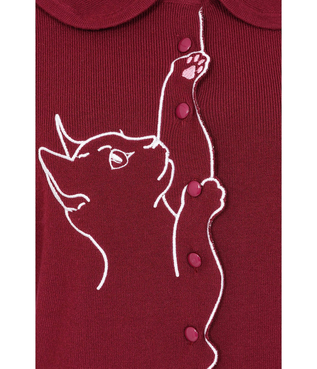 Banned Retro Burgundy Cat Embroidered Cardigan - Unique Vintage - Cardigans