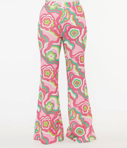 Barbie x Smak Parlour 1970s Pink & Green Floral Evening In Flare Pants - Unique Vintage - Womens, BOTTOMS, PANTS