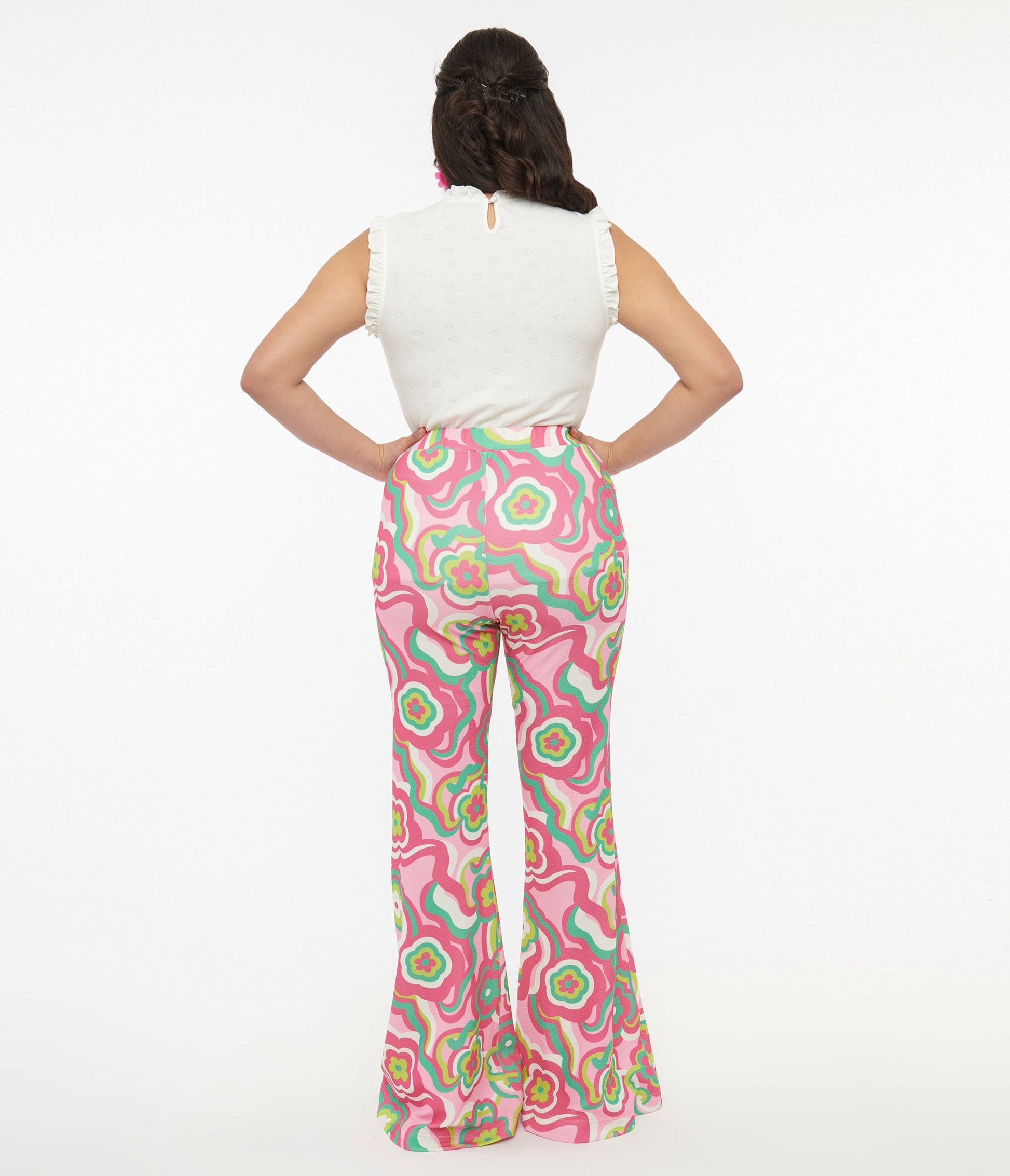 Barbie x Smak Parlour 1970s Pink & Green Floral Evening In Flare Pants - Unique Vintage - Womens, BOTTOMS, PANTS