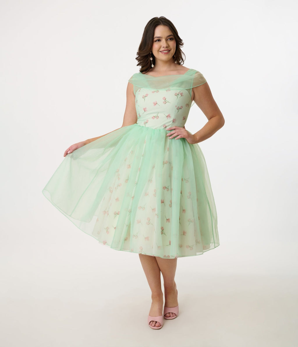 Barbie x Unique Vintage 1960s Green Chiffon Rose Modern Art Swing Dr