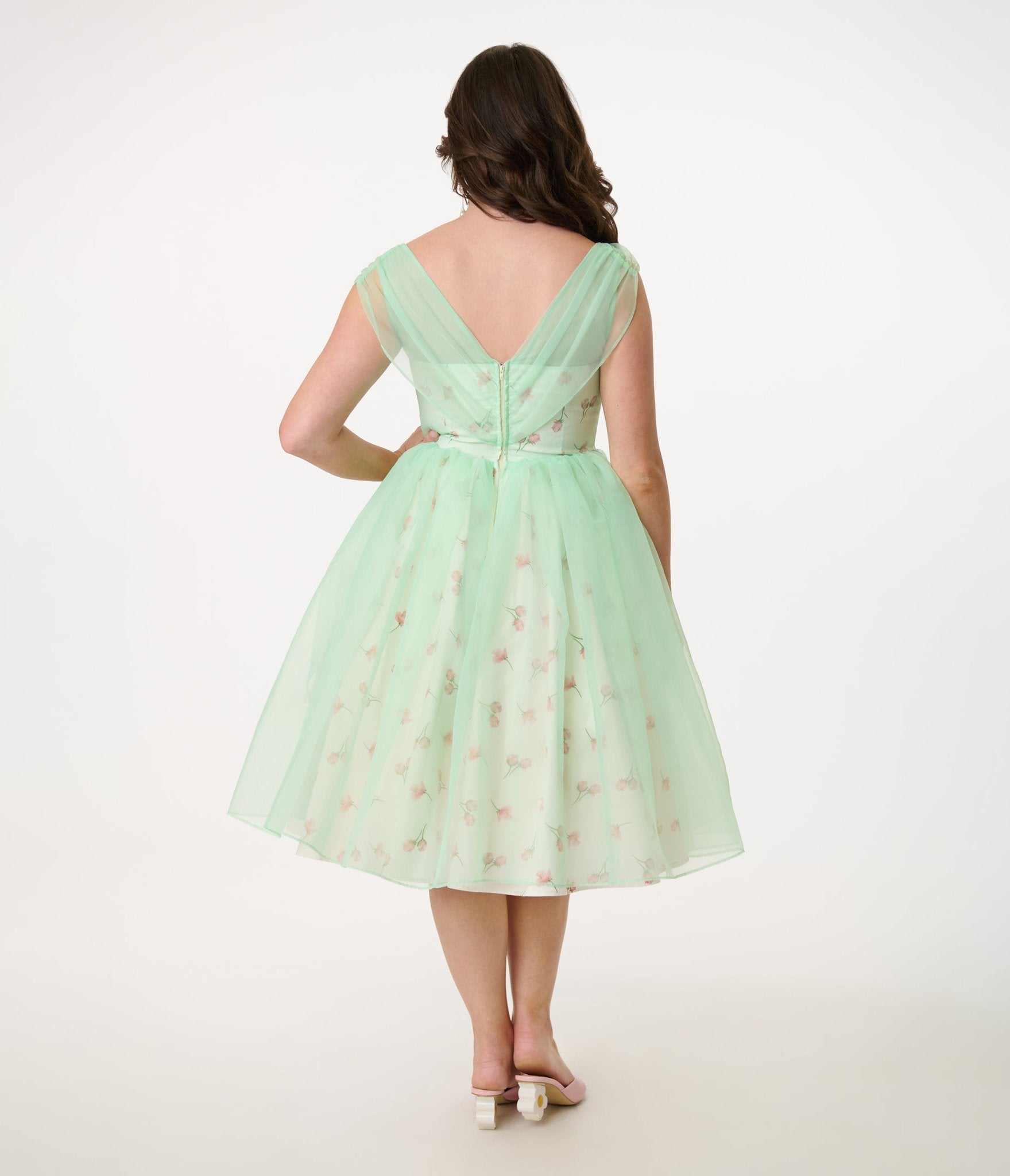 Barbie x Unique Vintage 1960s Green Chiffon & Rose Modern Art Swing Dress - Unique Vintage - Womens, DRESSES, SWING
