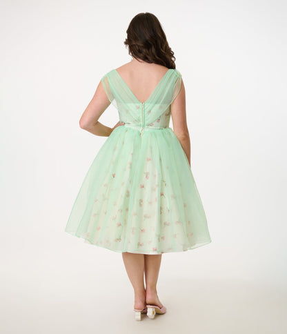 Barbie x Unique Vintage 1960s Green Chiffon & Rose Modern Art Swing Dress - Unique Vintage - Womens, DRESSES, SWING