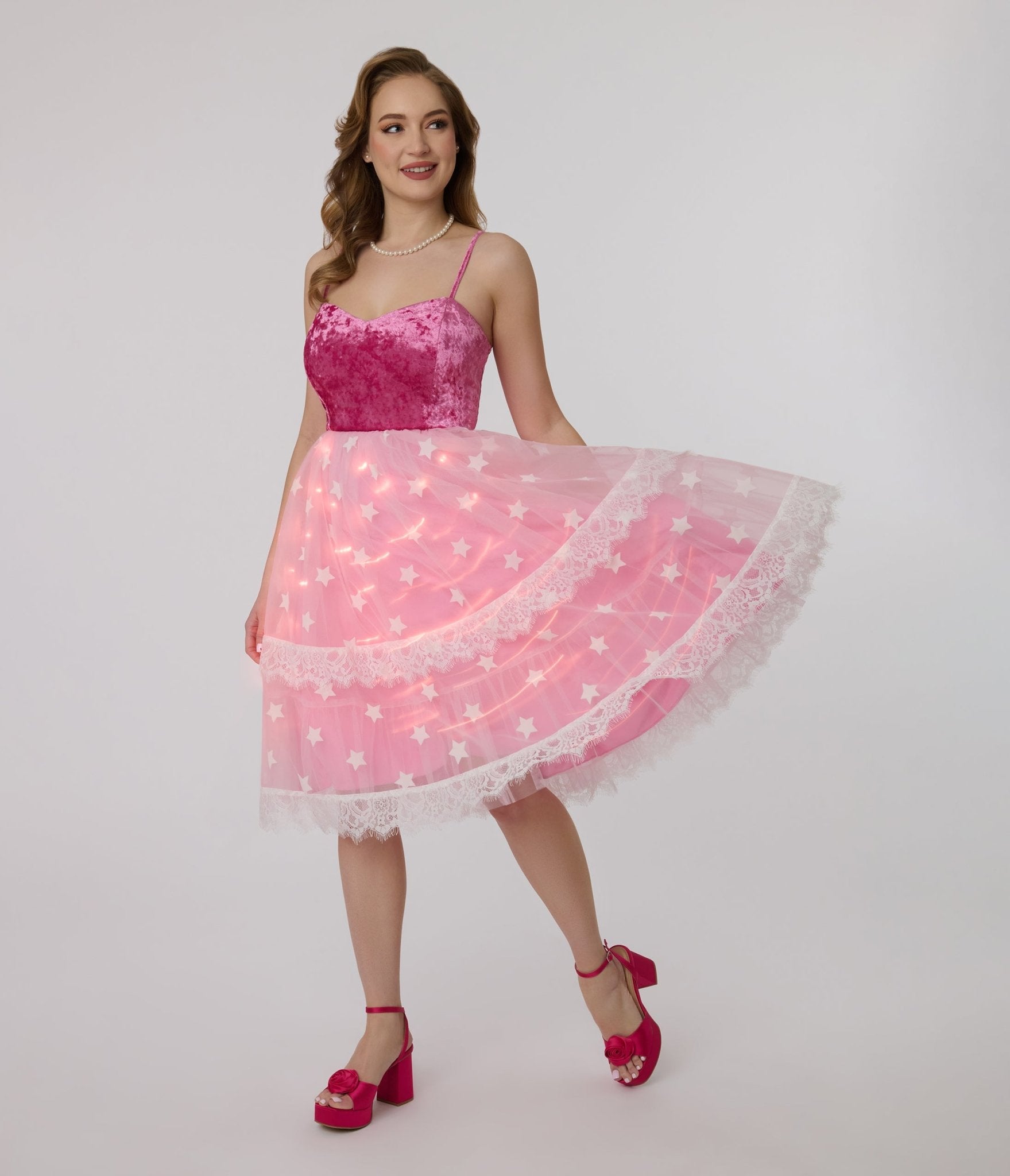 Barbie x Unique Vintage 1980s Pink Light Up Dream Glow Swing Dress - Unique Vintage - Womens, DRESSES, SWING