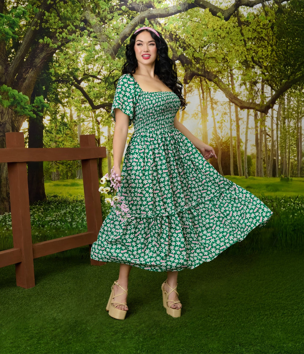 Barbie™ x Unique Vintage Green Ditzy Daisy Smocked Midi Dress - Unique Vintage - Womens, DRESSES, MIDI