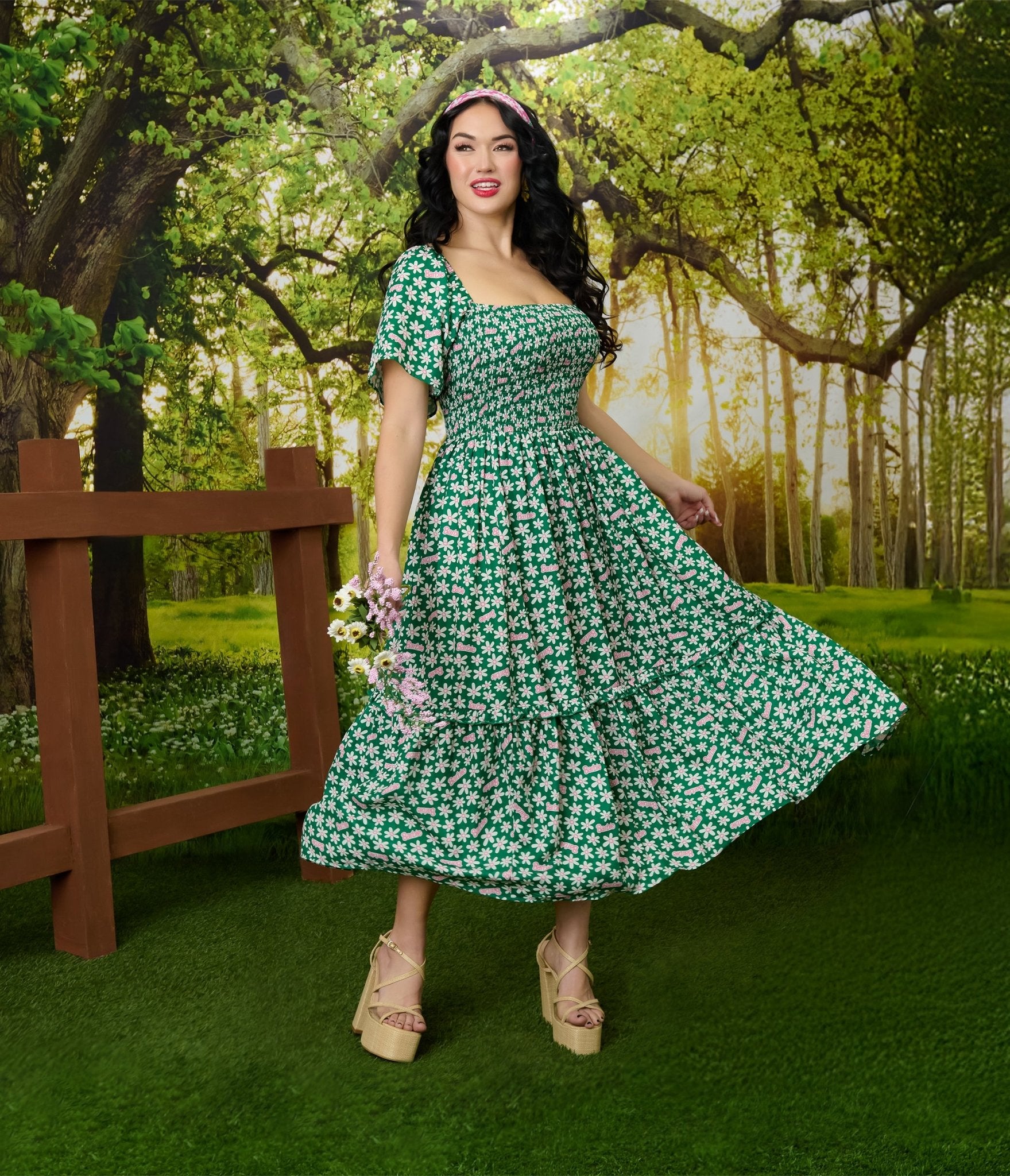 Barbie™ x Unique Vintage Green Ditzy Daisy Smocked Midi Dress - Unique Vintage - Womens, DRESSES, MIDI