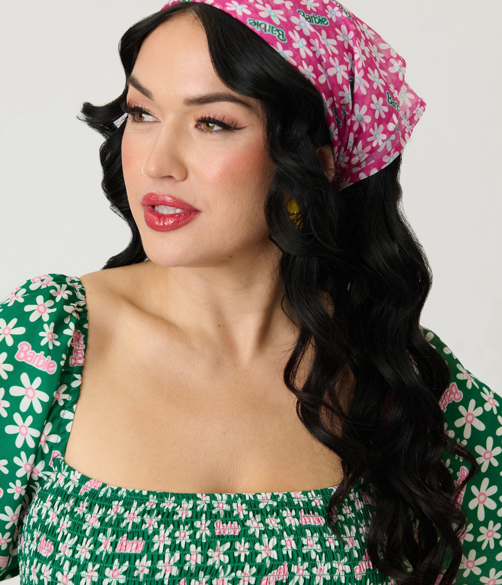 Barbie™ x Unique Vintage Pink Ditzy Daisy Hair Scarf - Unique Vintage - Womens, ACCESSORIES, HAIR