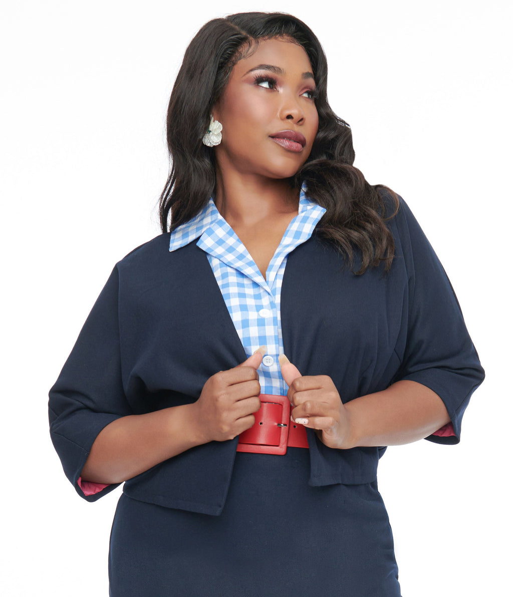 Barbie x Unique Vintage Plus Size 1950s Navy Barbie Commuter Set Box Coat - Unique Vintage - Womens, TOPS, OUTERWEAR