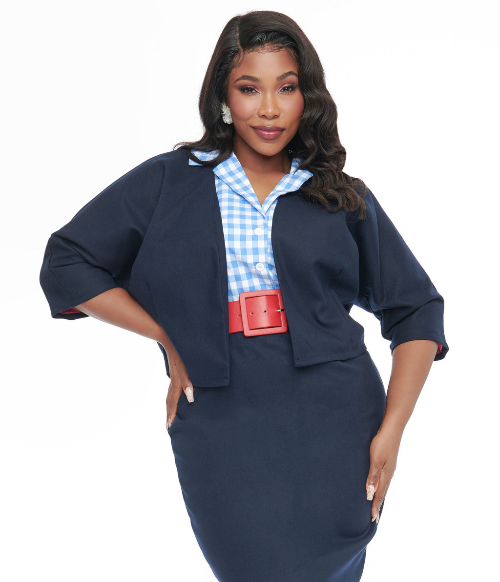Barbie x Unique Vintage Plus Size 1950s Navy Barbie Commuter Set Box Coat - Unique Vintage - Womens, TOPS, OUTERWEAR