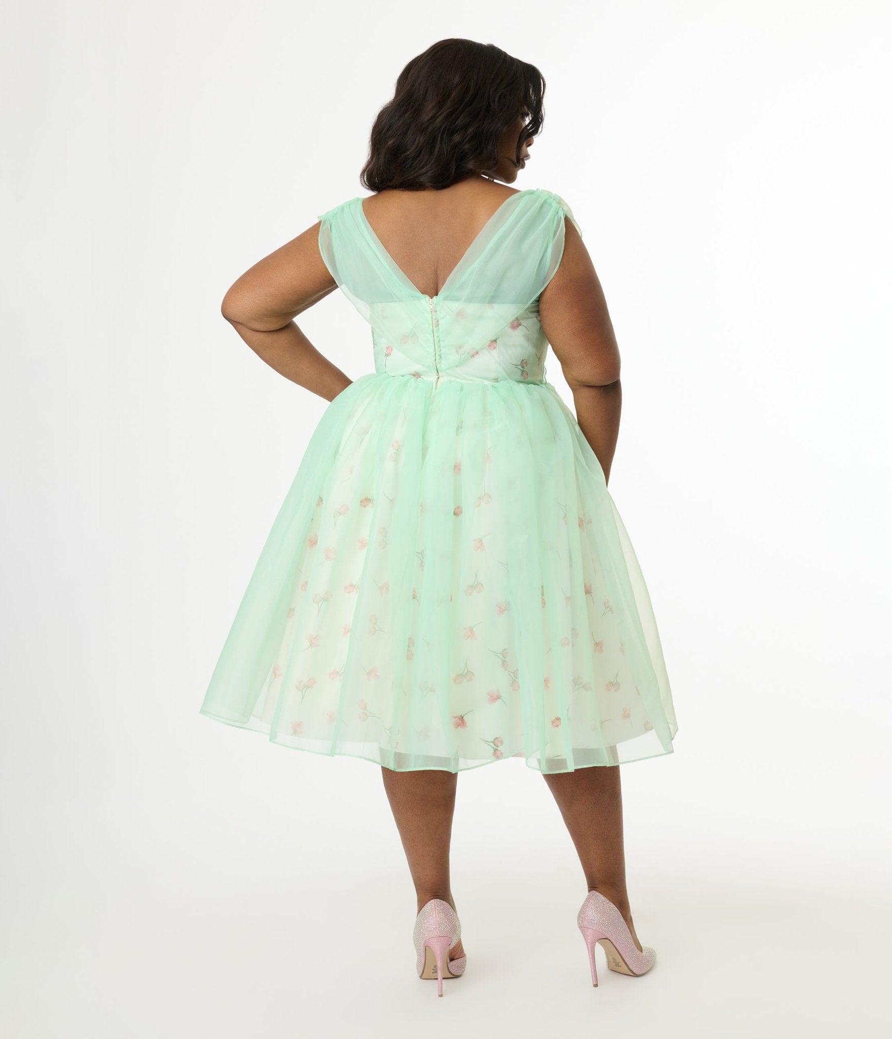 Barbie x Unique Vintage Plus Size 1960s Green Chiffon & Rose Modern Art Swing Dress - Unique Vintage - Womens, DRESSES, SWING