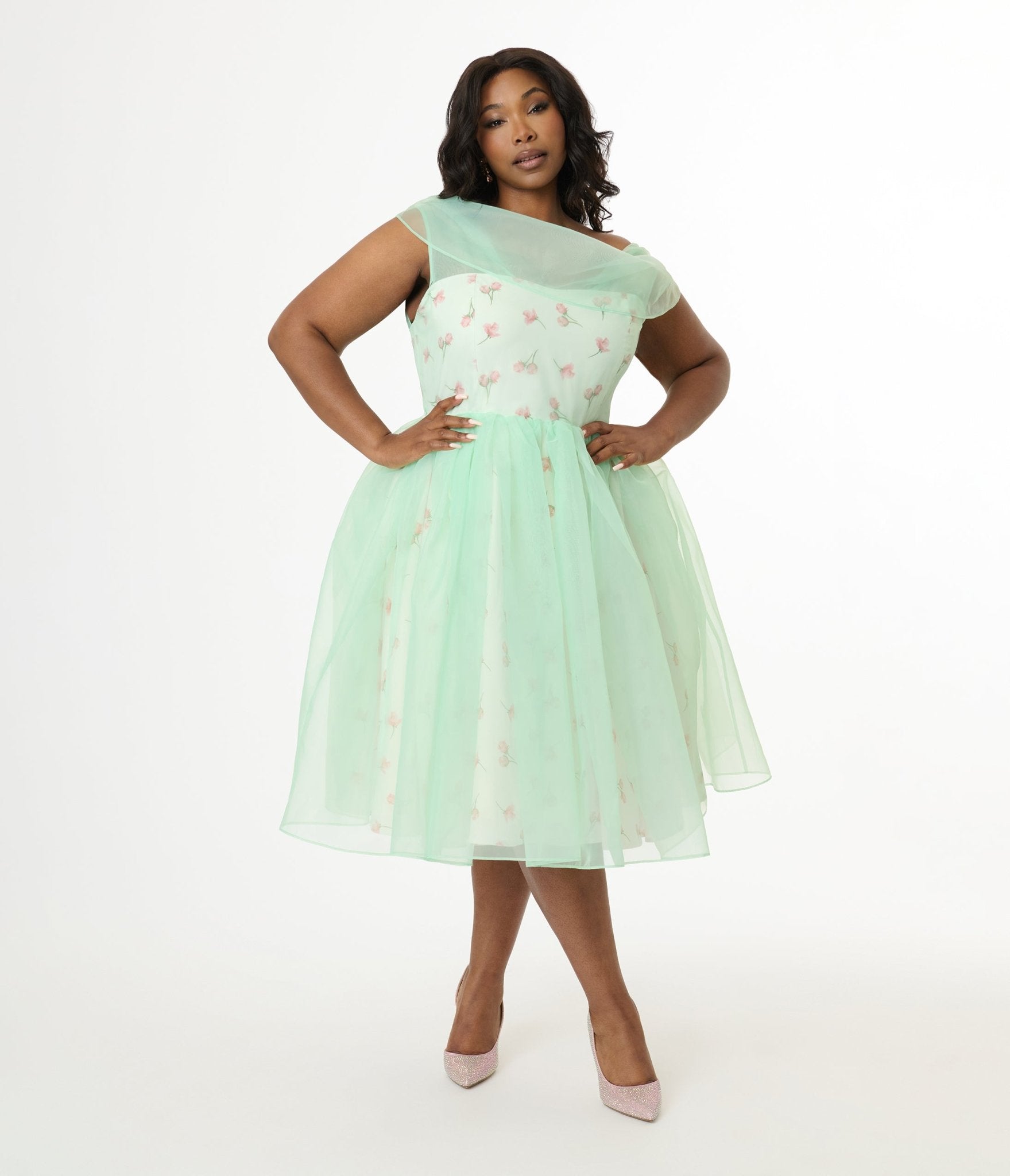 Barbie x Unique Vintage Plus Size 1960s Green Chiffon & Rose Modern Art Swing Dress - Unique Vintage - Womens, DRESSES, SWING
