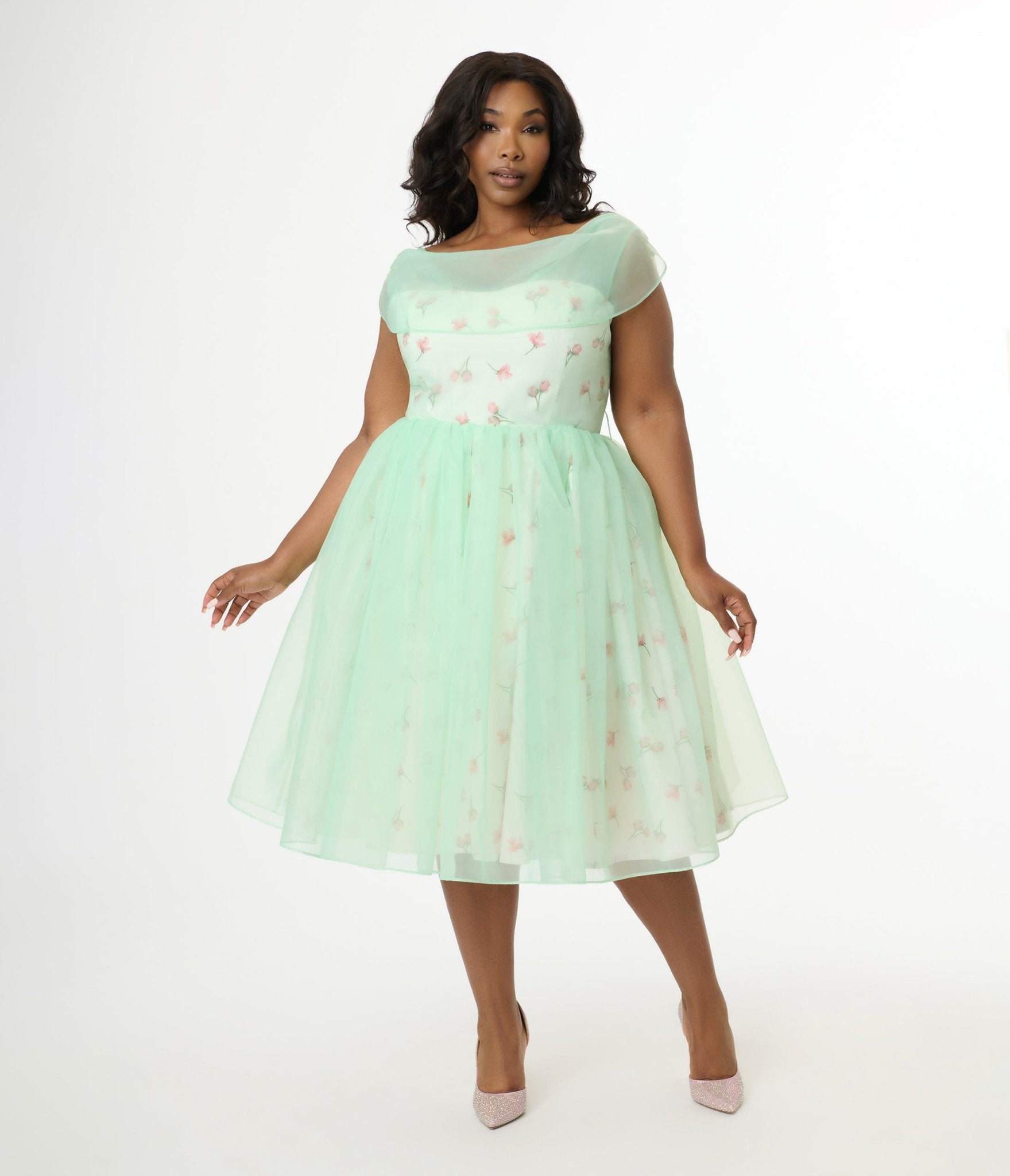 Barbie x Unique Vintage Plus Size 1960s Green Chiffon & Rose Modern Art Swing Dress - Unique Vintage - Womens, DRESSES, SWING