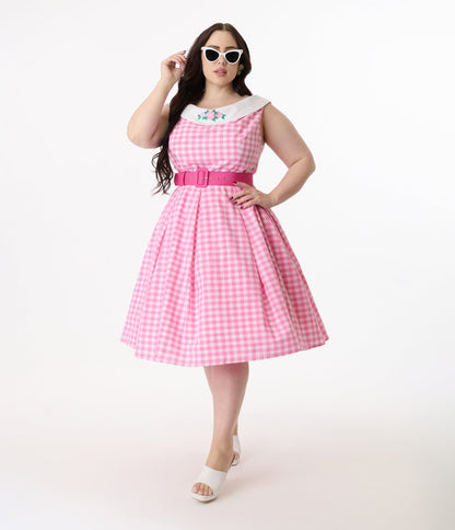 Barbie x Unique Vintage Plus Size 1960s Pink Gingham Cotton Dancing Doll Swing Dress - Unique Vintage - Women, DRESSES, SWING
