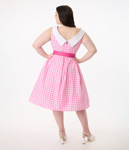 Barbie x Unique Vintage Plus Size 1960s Pink Gingham Cotton Dancing Doll Swing Dress - Unique Vintage - Women, DRESSES, SWING