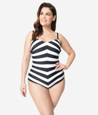 Barbie™ x Unique Vintage Plus Size Black & White Chevron Stripe One Piece Bathing Suit - Unique Vintage - Womens, SWIM, 1 PC