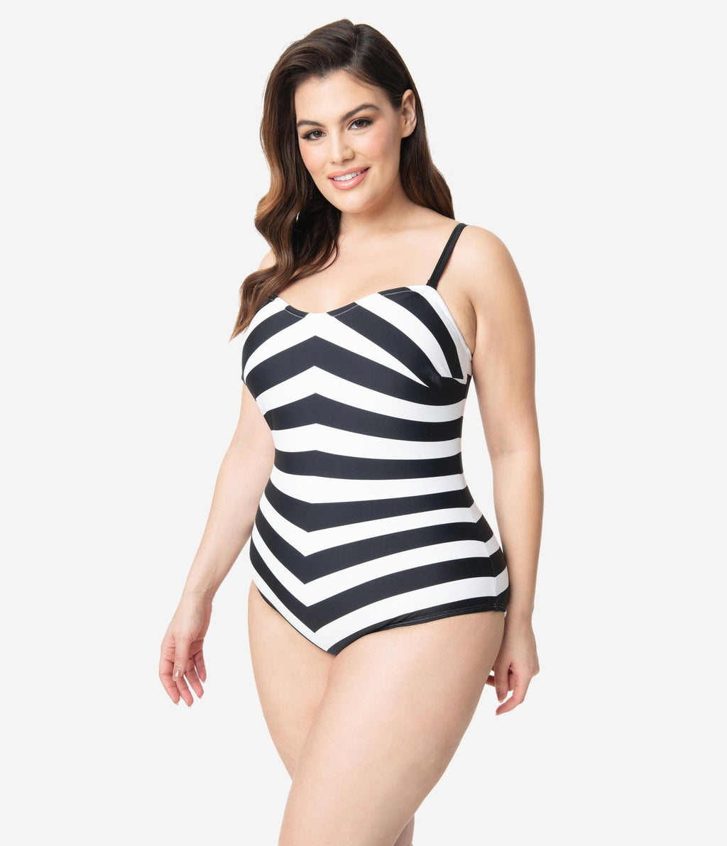 Barbie™ x Unique Vintage Plus Size Black & White Chevron Stripe One Piece Bathing Suit - Unique Vintage - Womens, SWIM, 1 PC