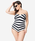 Barbie™ x Unique Vintage Plus Size Black & White Chevron Stripe One Piece Bathing Suit - Unique Vintage - Womens, SWIM, 1 PC