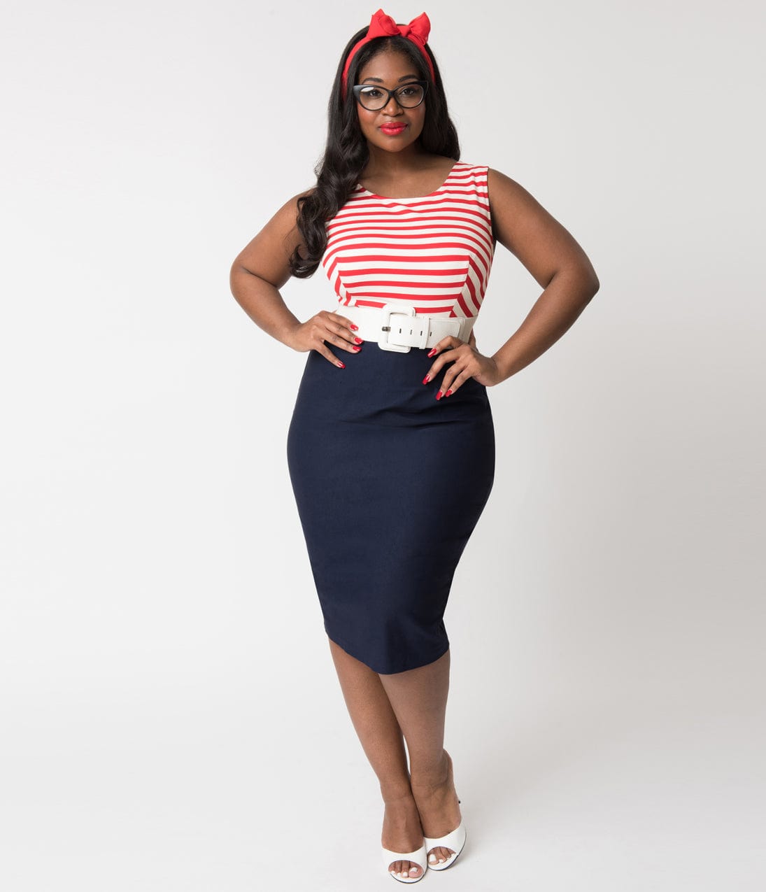 Barbie x Unique Vintage Plus Size Cruise Stripes Nautical Pencil Dress - Unique Vintage - Womens, DRESSES, WIGGLE