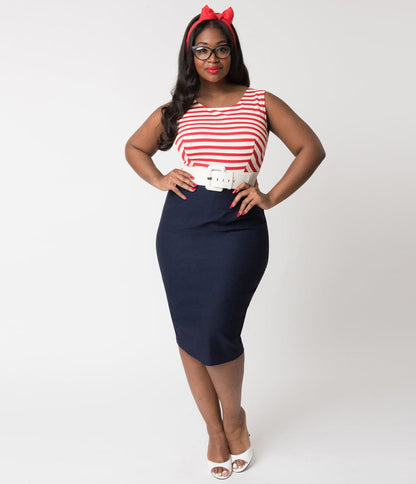 Barbie x Unique Vintage Plus Size Cruise Stripes Nautical Pencil Dress - Unique Vintage - Womens, DRESSES, WIGGLE