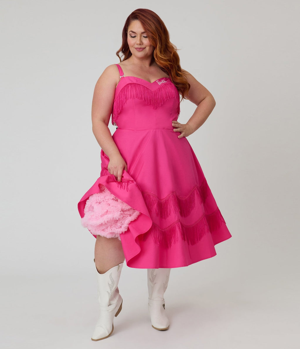 Barbie™ x Unique Vintage Plus Size Hot Pink Fringe Girlie Swing Dress - Unique Vintage - Womens, DRESSES, SWING