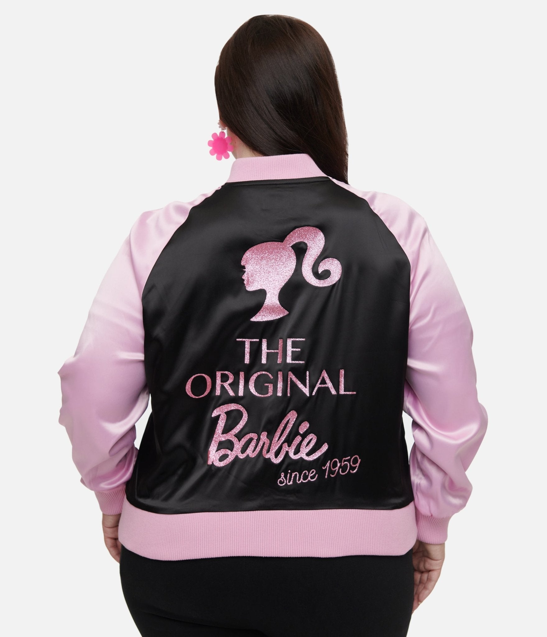 Barbie x Unique Vintage Plus Size Pink & Black OG Barbie Long Sleeve Bomber Jacket - Unique Vintage - Womens, TOPS, OUTERWEAR