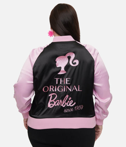 Barbie x Unique Vintage Plus Size Pink & Black OG Barbie Long Sleeve Bomber Jacket - Unique Vintage - Womens, TOPS, OUTERWEAR