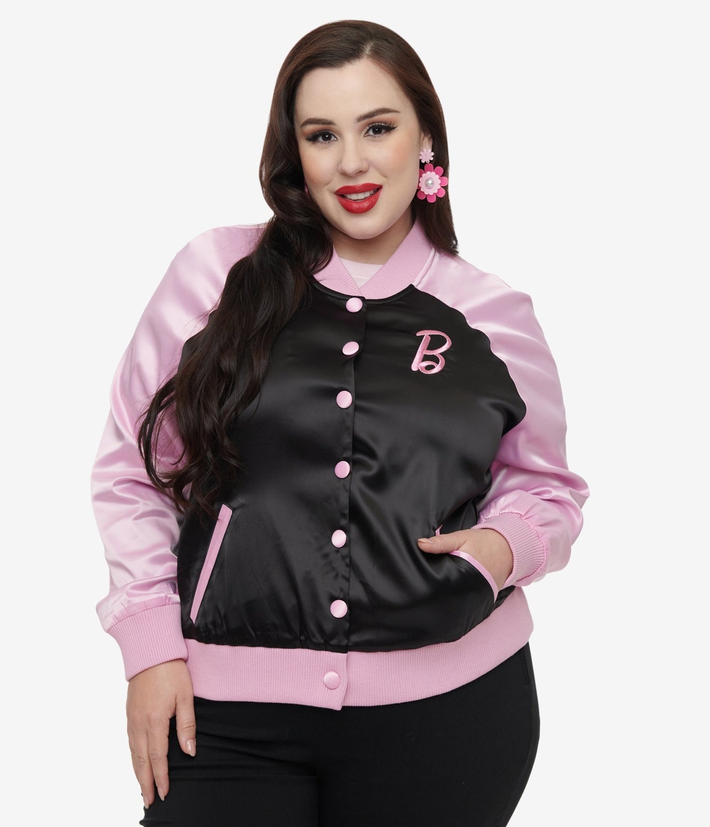 Barbie x Unique Vintage Plus Size Pink & Black OG Barbie Long Sleeve Bomber Jacket - Unique Vintage - Womens, TOPS, OUTERWEAR