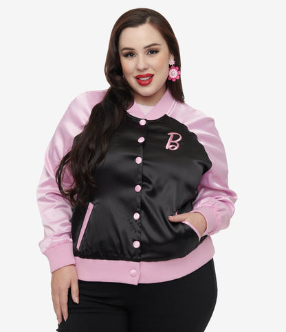 Barbie x Unique Vintage Plus Size Pink & Black OG Barbie Long Sleeve Bomber Jacket - Unique Vintage - Womens, TOPS, OUTERWEAR