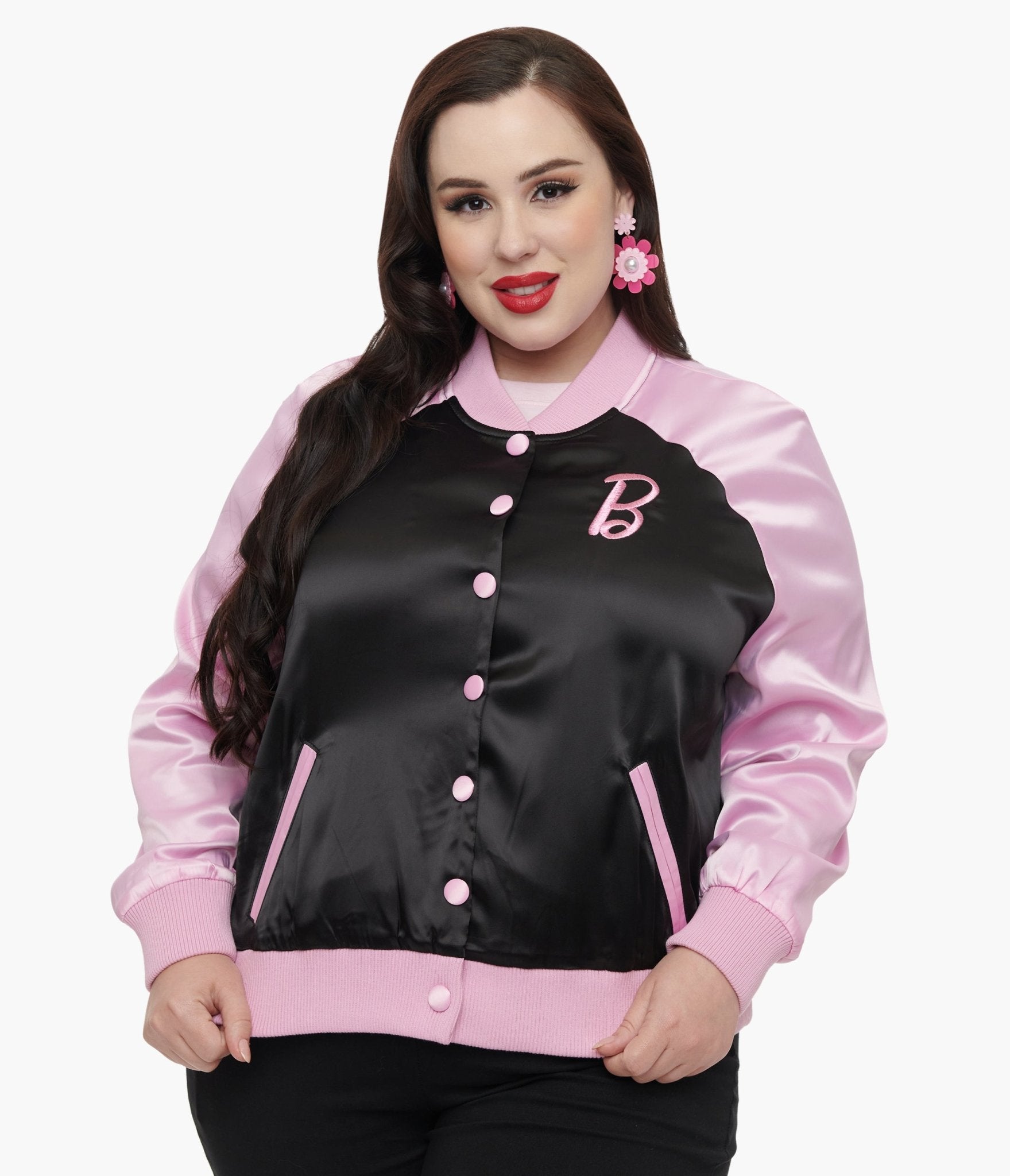 Barbie x Unique Vintage Plus Size Pink & Black OG Barbie Long Sleeve Bomber Jacket - Unique Vintage - Womens, TOPS, OUTERWEAR