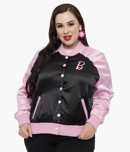 Barbie x Unique Vintage Plus Size Pink & Black OG Barbie Long Sleeve Bomber Jacket - Unique Vintage - Womens, TOPS, OUTERWEAR