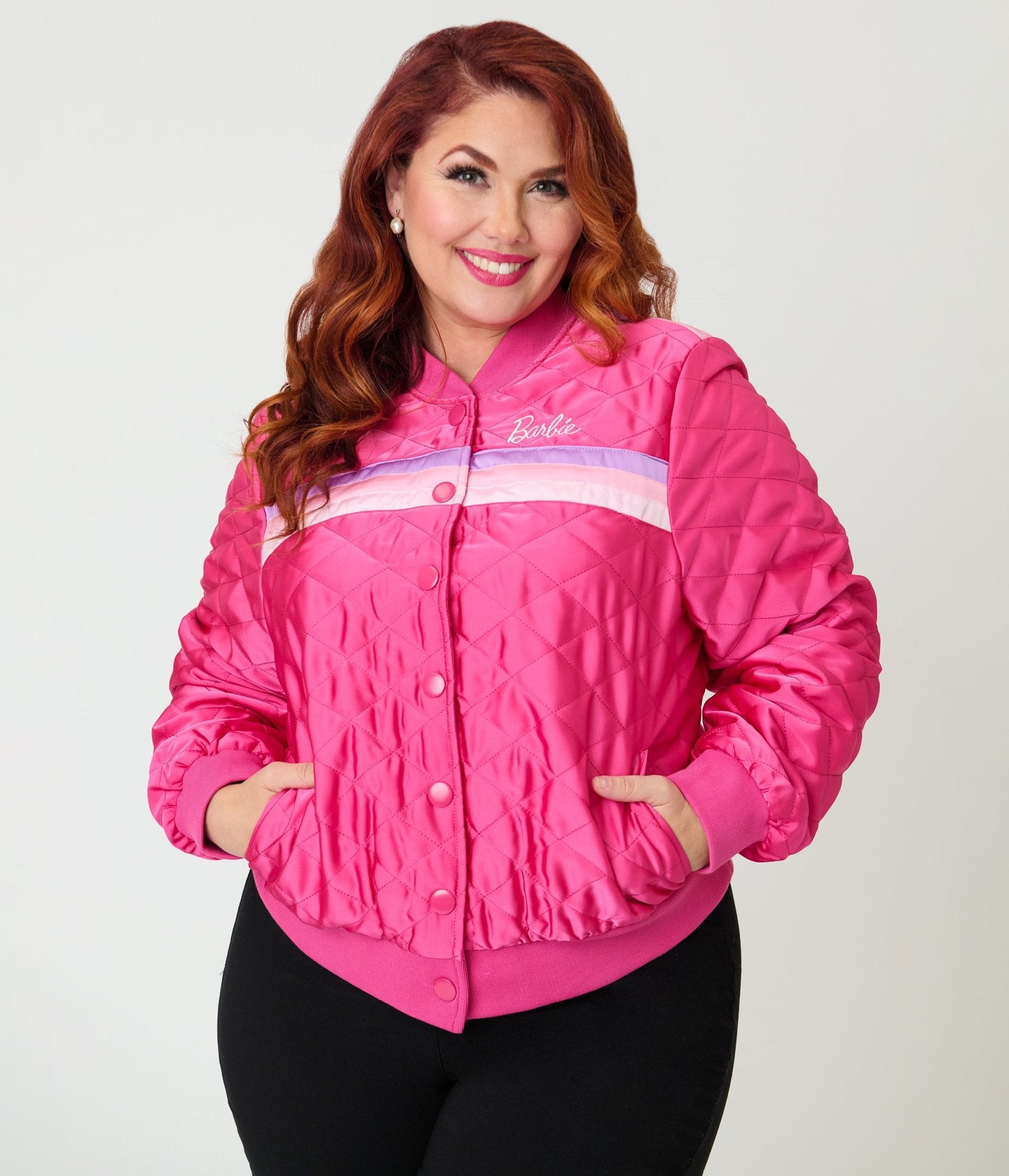 Barbie™ x Unique Vintage Plus Size Pink Satin Quilted Varsity Jacket - Unique Vintage - Womens, TOPS, OUTERWEAR