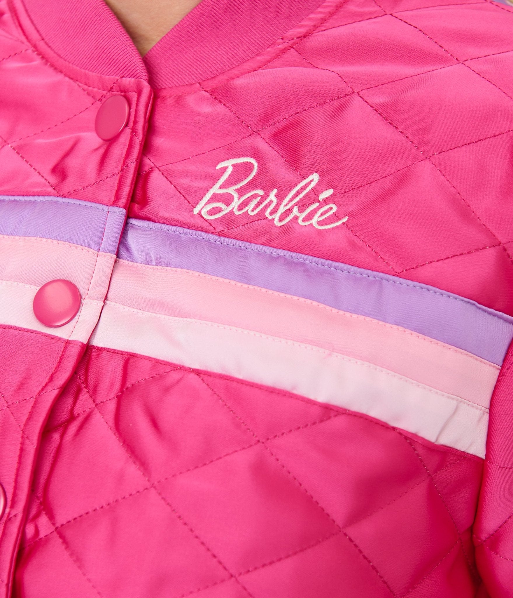 Barbie™ x Unique Vintage Plus Size Pink Satin Quilted Varsity Jacket - Unique Vintage - Womens, TOPS, OUTERWEAR