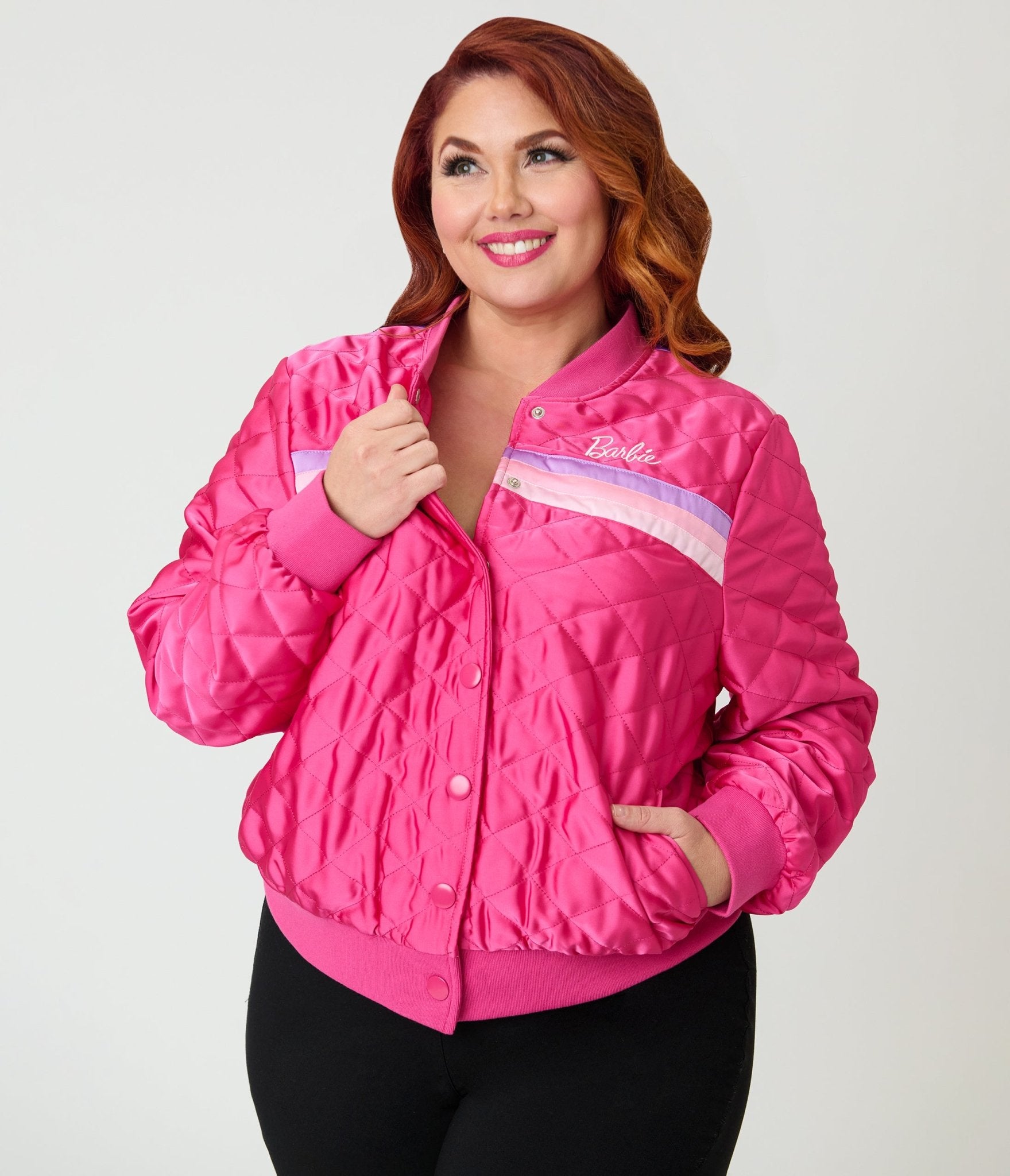 Barbie™ x Unique Vintage Plus Size Pink Satin Quilted Varsity Jacket - Unique Vintage - Womens, TOPS, OUTERWEAR