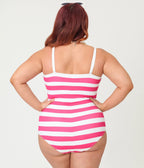 Barbie™ x Unique Vintage Plus Size Pink & White Chevron Stripe One Piece Bathing Suit - Unique Vintage - Womens