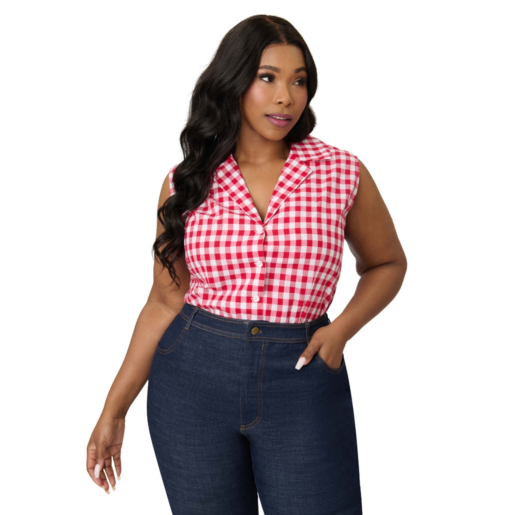 Barbie™ x Unique Vintage Plus Size Red Gingham Picnic Blouse - Unique Vintage - Womens, TOPS, WOVEN TOPS