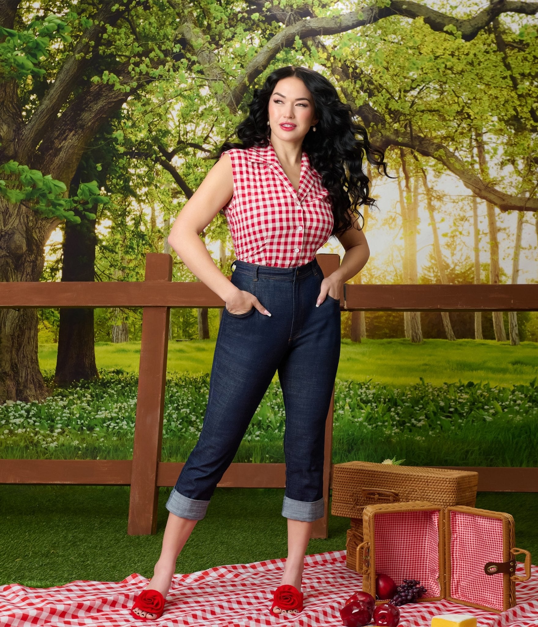 Barbie™ x Unique Vintage Red Gingham Picnic Blouse - Unique Vintage - Womens, TOPS, WOVEN TOPS