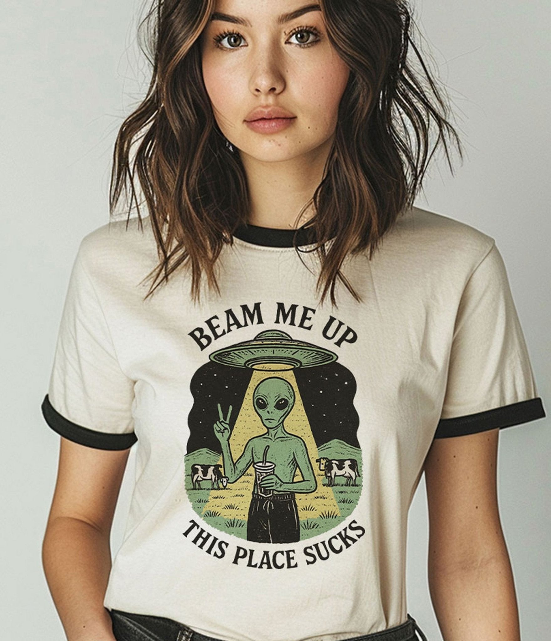 Beam Me Up Alien Unisex Graphic Ringer Tee - Unique Vintage - Womens, GRAPHIC TEES, TEES