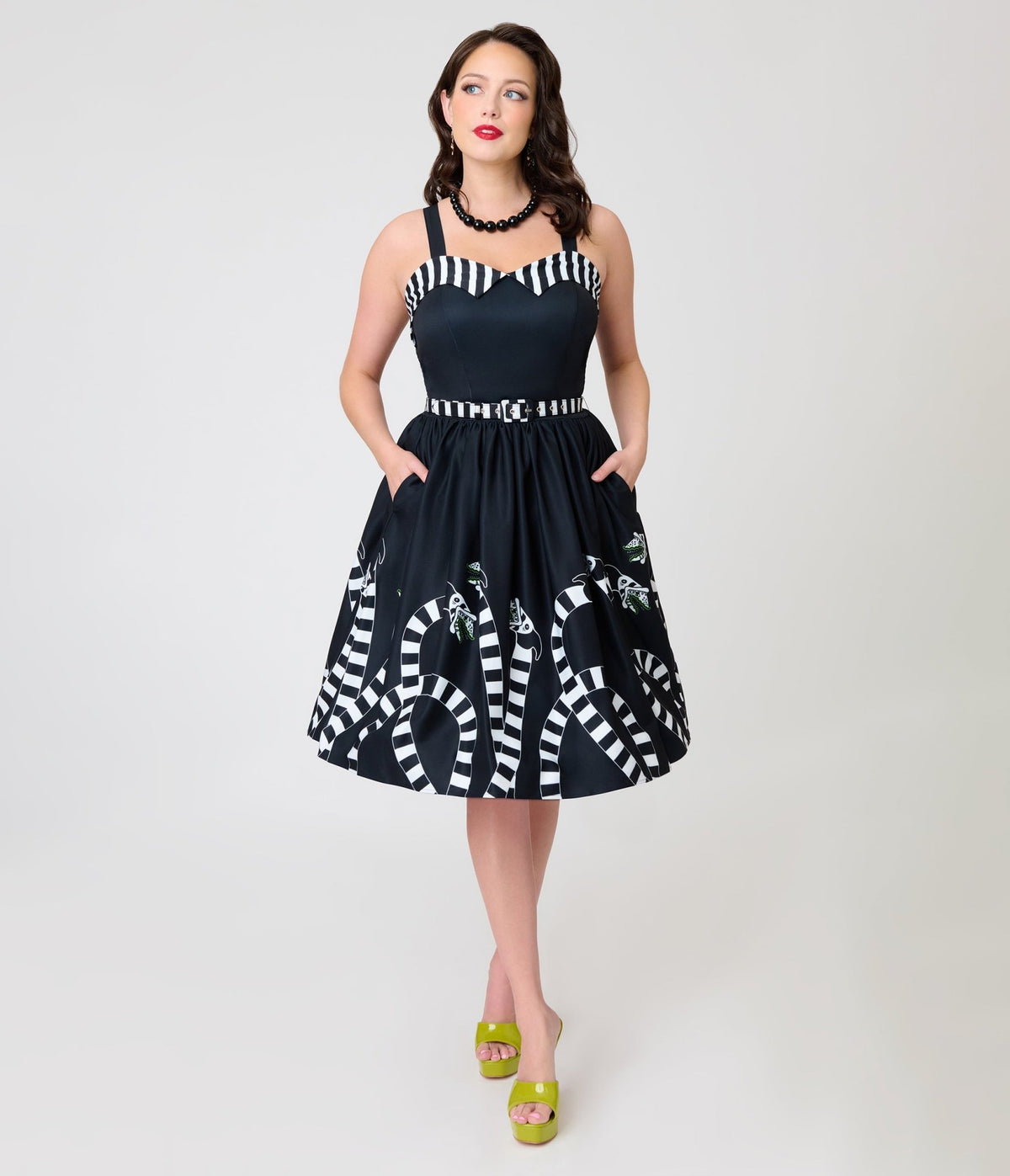 Beetlejuice x Unique Vintage Black Sandworm Border Rachel Swing Dress - Unique Vintage - Swing Dresses